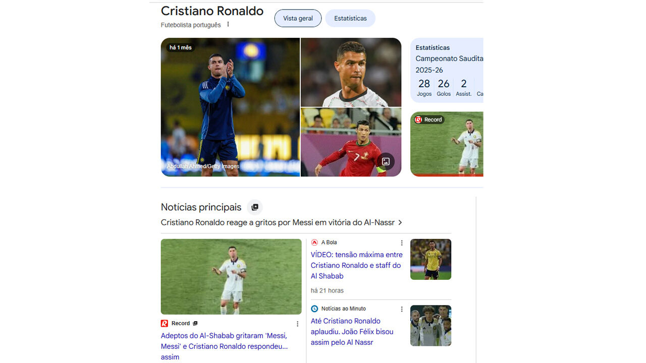 Exemplo de pesquisa por Cristiano Ronaldo, com a notícia de Record no topo