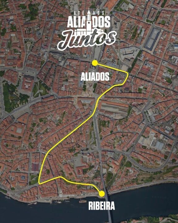 Percurso do FC Porto desde a Ribeira até aos Aliados para celebrações com adeptos.
