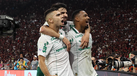 Jogadores do Palmeiras comemoram golo no Maracanã, durante partida contra o Flamengo
