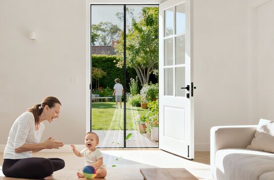 Mãe e bebé brincam perto da porta que dá acesso ao jardim