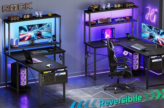 A secretária gaming Coleshome em L, com LED, tomadas e design reversível.
