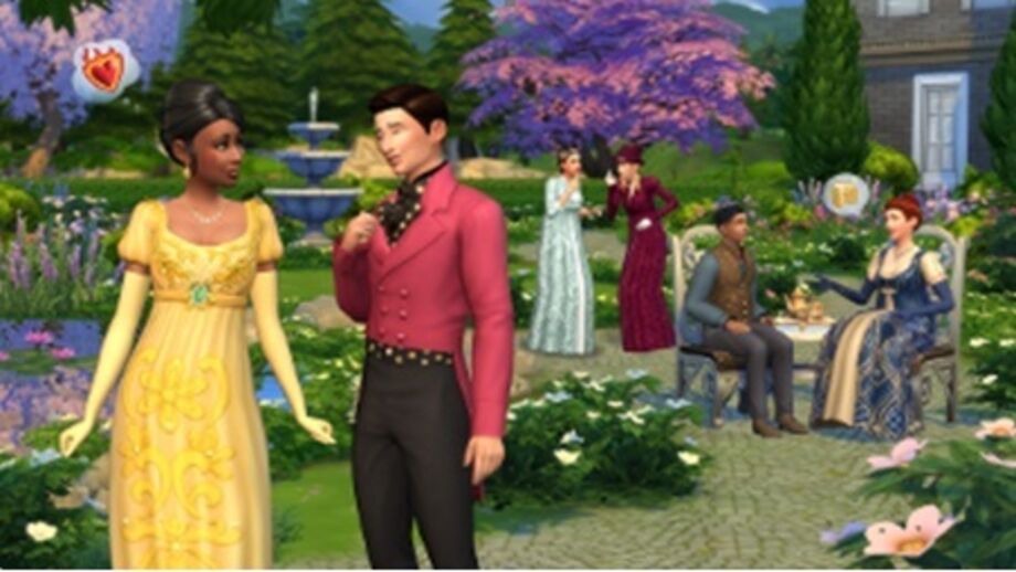 Sims em ambiente de época celebram evento social em jardim
