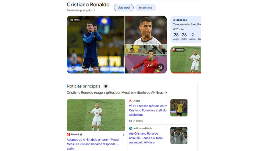 Exemplo de pesquisa por Cristiano Ronaldo, com a notícia de Record no topo