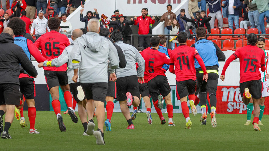 Jogadores e equipa técnica do Penafiel festejam no relvado