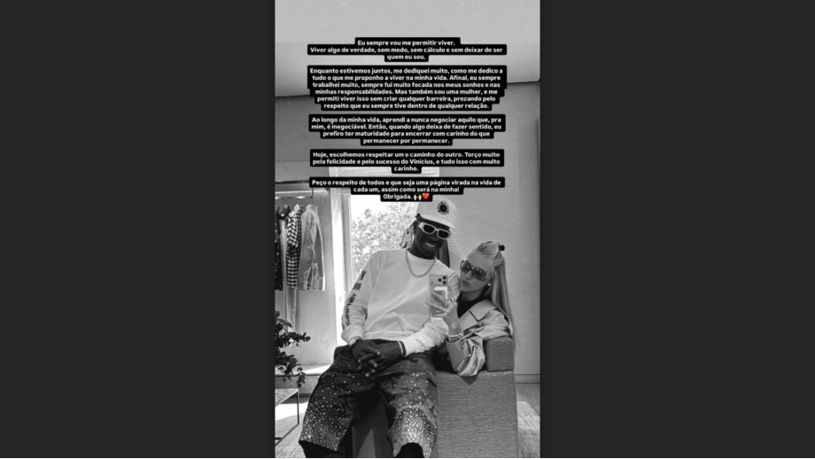 O story de Virgínia a anunciar o fim da relação com Vinícius Jr.