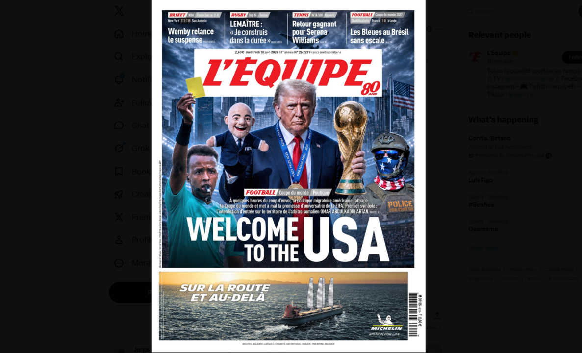 A capa do 'L'Équipe' a 10 de junho