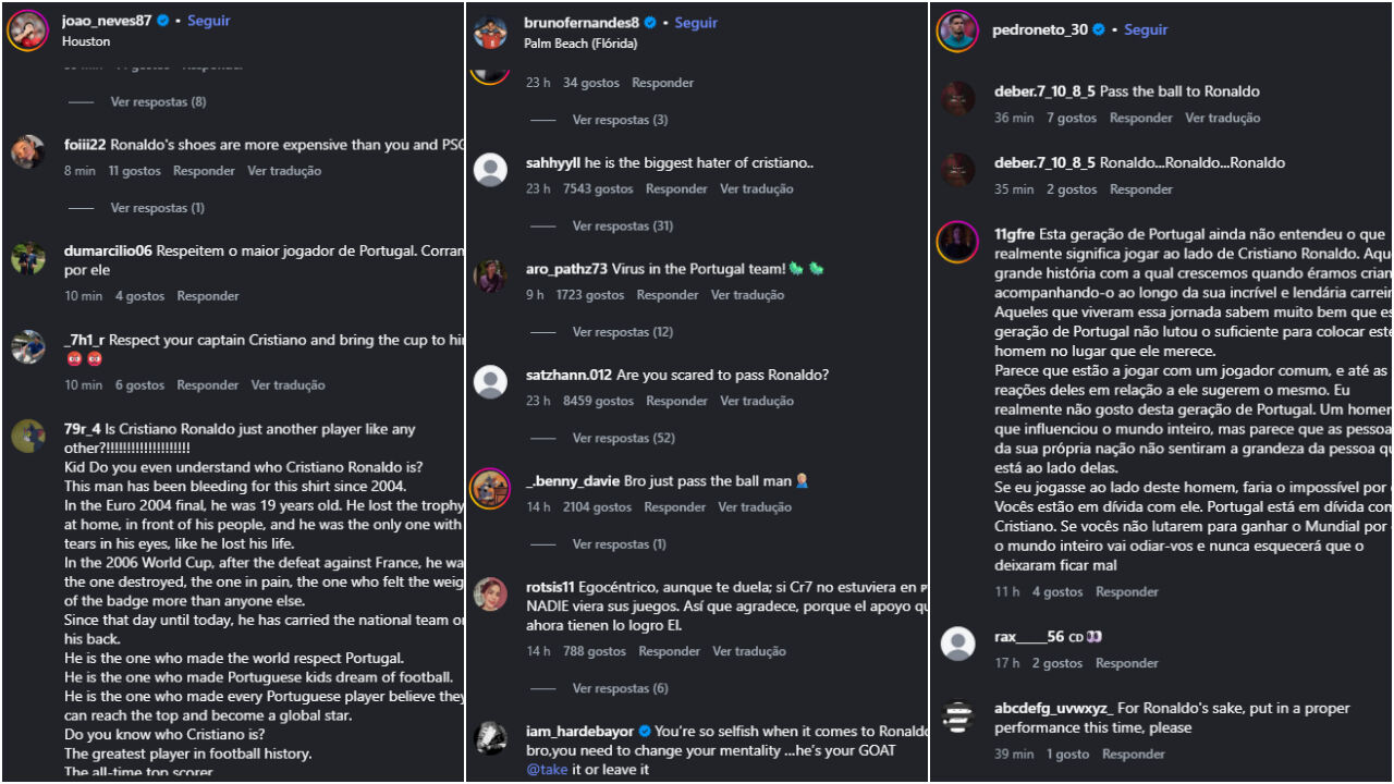 Redes sociais de jogadores da Seleção invadidas com comentários a pedir respeito por Ronaldo