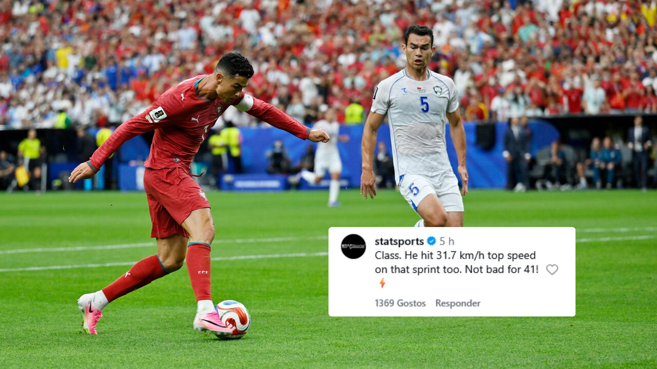 Cristiano Ronaldo no momento do remate para o 3-0 e o dado revelado pela STATSports