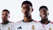 Kylian Mbappé, Jude Bellingham e Vinícius Júnior apresentam a nova camisola do Real Madrid