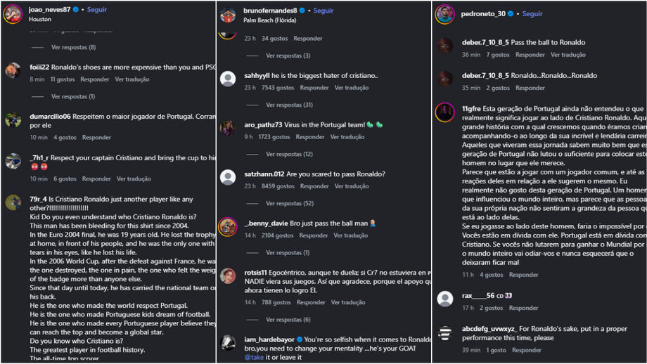 Redes sociais de jogadores da Seleção invadidas com comentários a pedir respeito por Ronaldo
