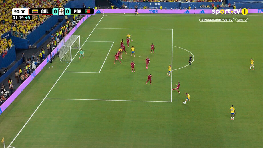 O golo anulado à Colômbia frente a Portugal aos 90'+1: Davinson Sánchez tinha a ponta do pé em fora-de-jogo