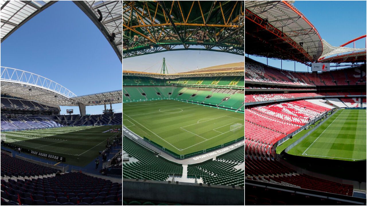 Estádio do Dragão (à esquerda), Estádio José Alvalade (ao centro) e Estádio da Luz (à direita)