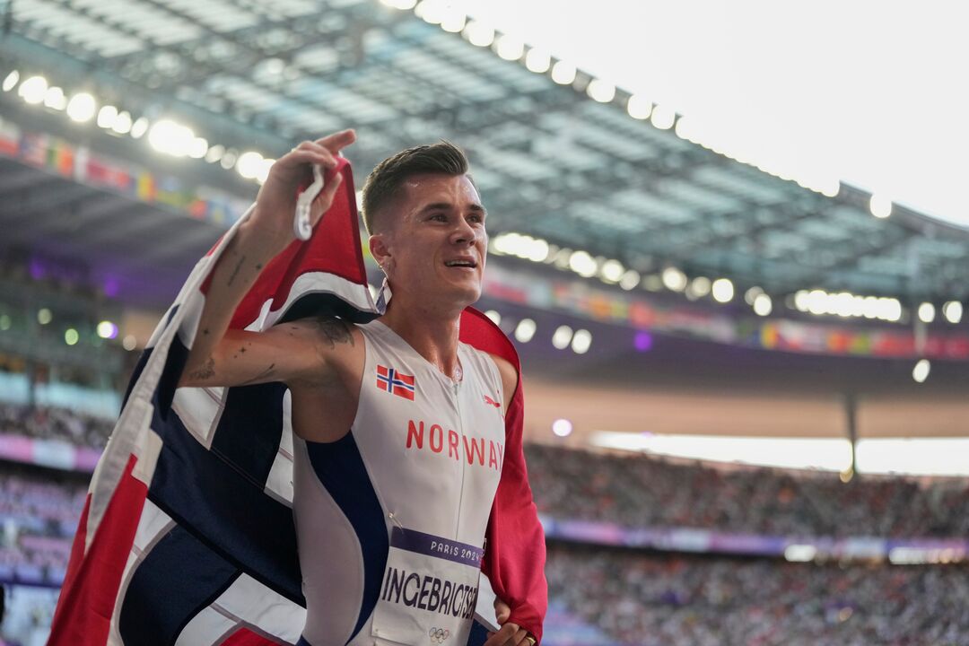 FILE - Jakob Ingebrigtsen, of Norway, celebrates after winning the gold medal in the men's 5000 meters final at the