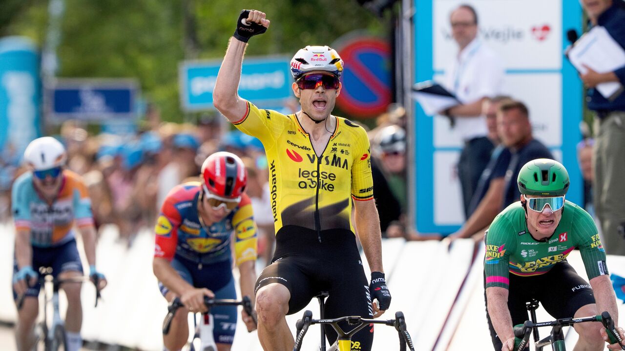 Belgium's Wout van Aert reacts after winning the Stage 1 of the PostNord Danmark Rundt race in Aalborg, Denmark, Wednesday,