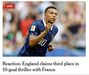 The Athletic: 'Inglaterra conquista o terceiro lugar em jogo emocionante com 10 golos frente a França'