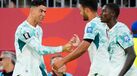 Cristiano Ronaldo a festejar com Gonçalo Ramos e Nuno Mendes