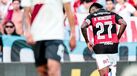 Bruno Henrique festeja golo no particular entre Flamengo e River Plate no Estádio Algarve