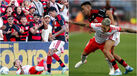 O momento entre Pulgar e Prestianni (à esquerda) e Luiz Araújo, novamente com Prestianni, em mais uma disputa de bola (à direita)