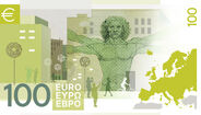 100 euros: Novo design com Homem Vitruviano, mapa da Europa e cidades