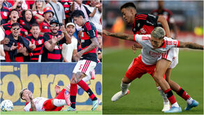 O momento entre Pulgar e Prestianni (à esquerda) e Luiz Araújo, novamente com Prestianni, em mais uma disputa de bola (à direita)