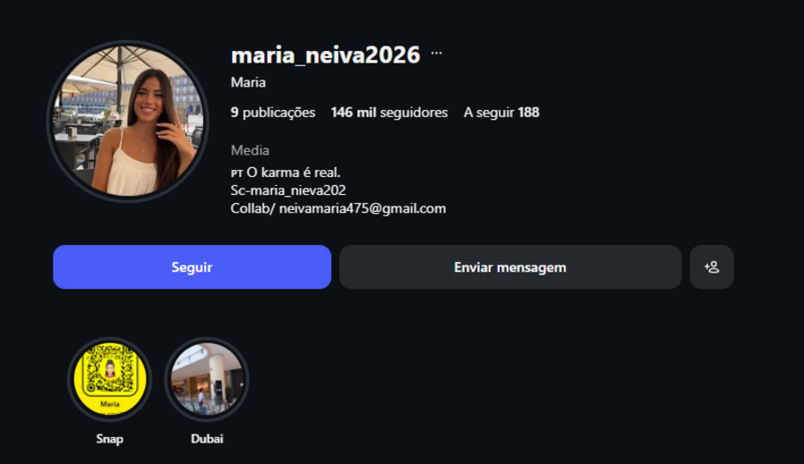 Prints do perfil falso de Maria Neiva no Instagram