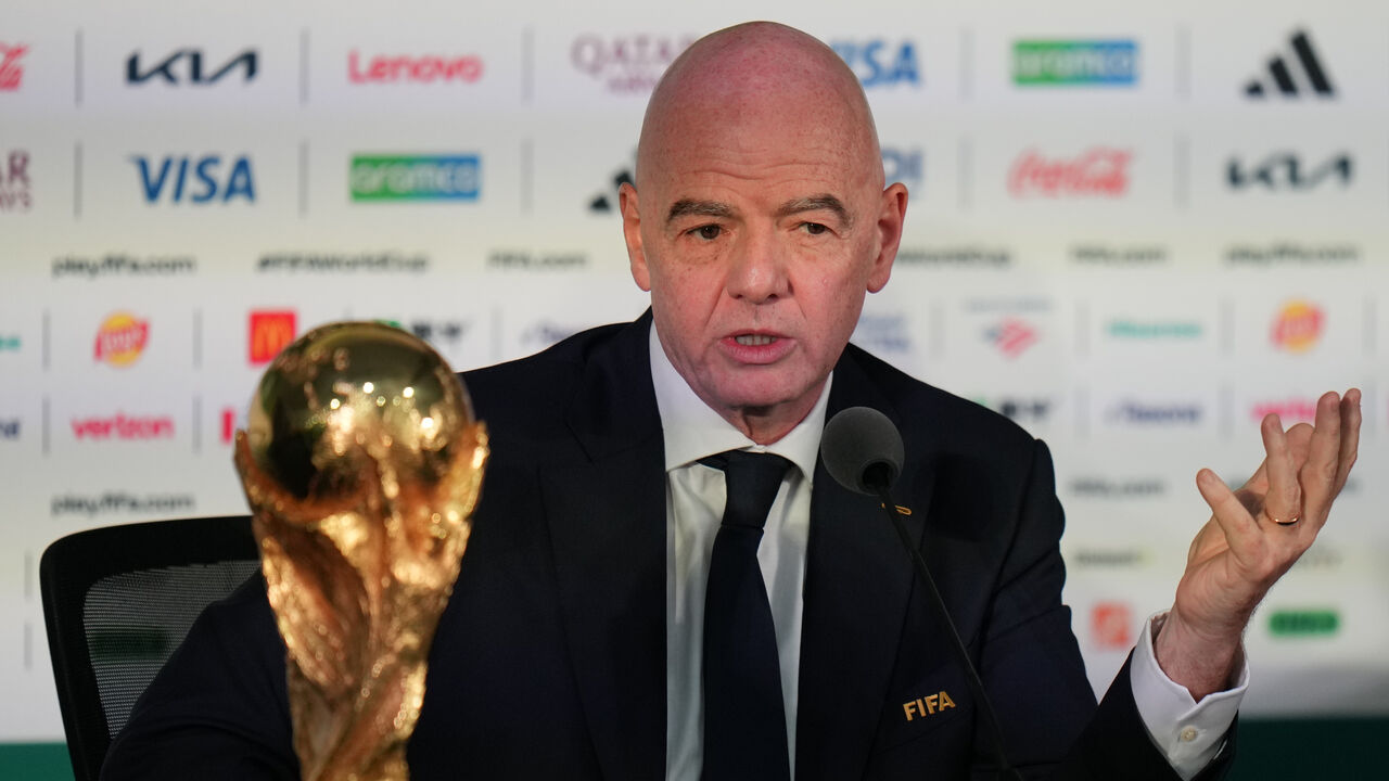 FILE - FIFA President Gianni Infantino speaks during a news conference at the stadium in Mexico City, Wednesday, June 10,
