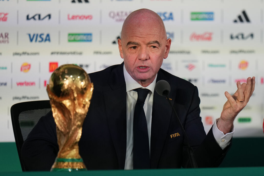 FILE - FIFA President Gianni Infantino speaks during a news conference at the stadium in Mexico City, Wednesday, June 10,