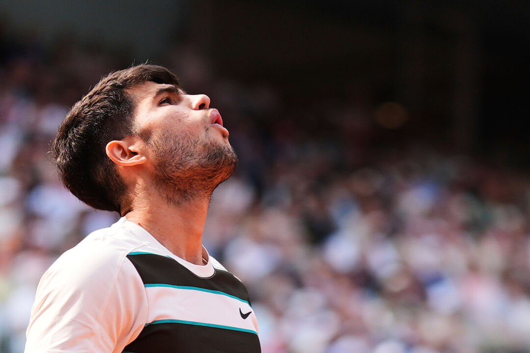 FILE - Spain's Carlos Alcaraz reacts during the final of the French Open tennis tournament against Italy's Jannik Sinner, Sunday,