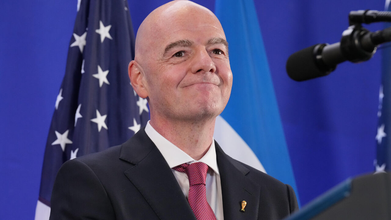 FIFA President Gianni Infantino speaks during a reception at Trump Tower with President Donald Trump in New York, Friday, July