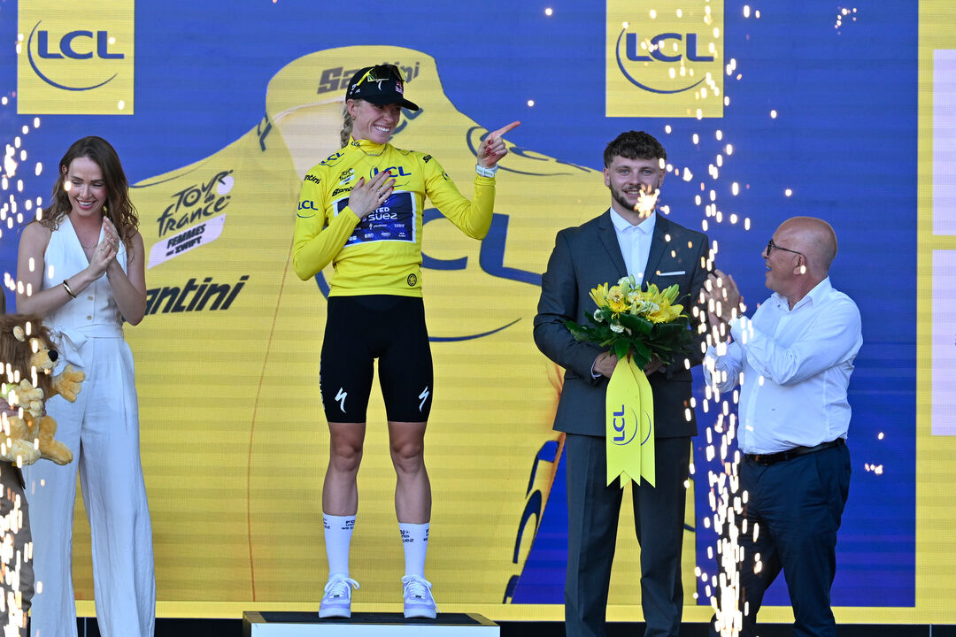 Netherlands' Demi Vollering celebrates on the podium after winning the Women's Tour de France cycling race (Tour de France Femmes)