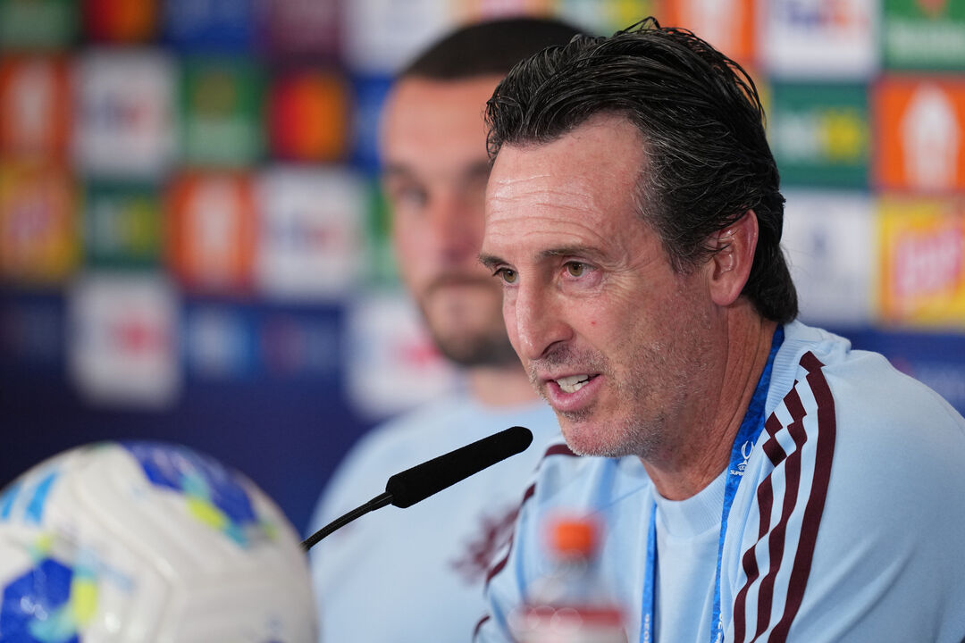 Aston Villa's head coach Unai Emery speaks during a press conference ahead of the UEFA Super Cup soccer match between