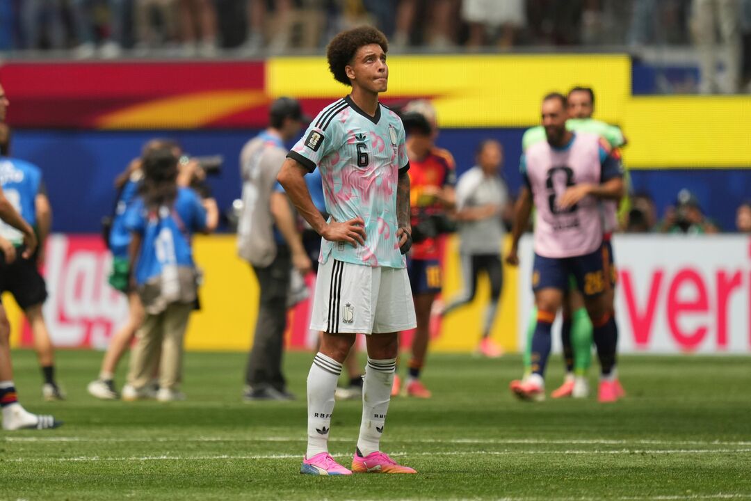 Belgium's Axel Witsel (6) reacts after the World Cup quarterfinal soccer match between Spain and Belgium in Inglewood, Calif., near
