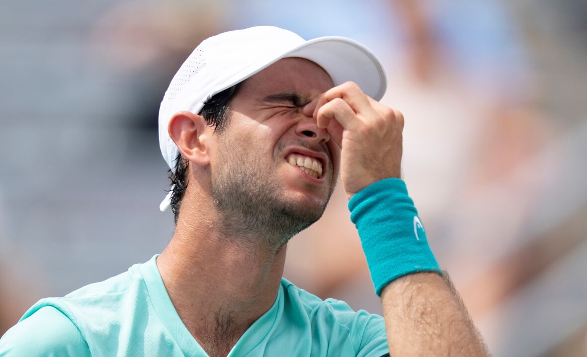 Nuno Borges of Portugal reacts during his match against Luciano Darderi of Italy during the National Bank Open tennis torunament