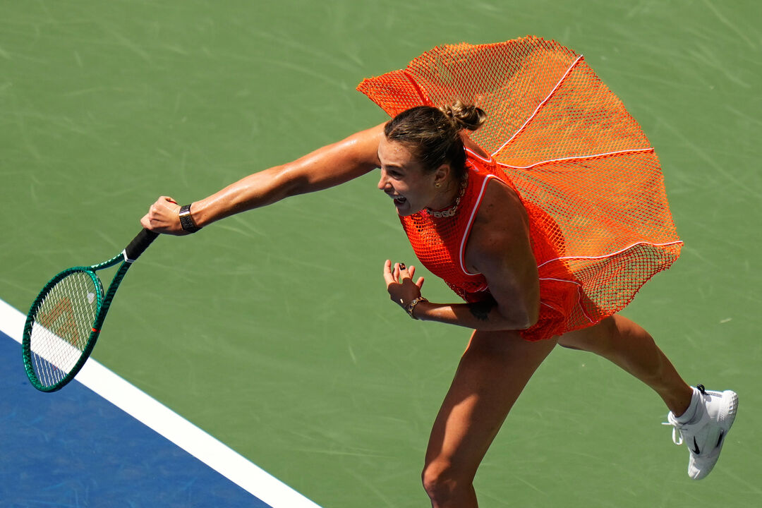 Aryna Sabalenka, of Belarus, follows through on a shot to Camila Osorio, of Colombia, during the first round of the