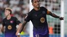 Barcelona's Raphinha celebrates after scoring his side's third goal during a Spanish La Liga soccer match between Elche and Barcelona