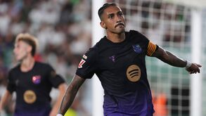 Barcelona's Raphinha celebrates after scoring his side's third goal during a Spanish La Liga soccer match between Elche and Barcelona