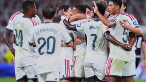 Real Madrid players celebrate after the first goal during the La Liga soccer match between Real Madrid and Real Sociedad