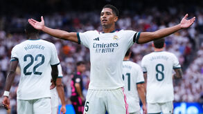 Real Madrid's Jude Bellingham celebrates after Malaga's own goal during the La Liga soccer match between Real Madrid and Malaga
