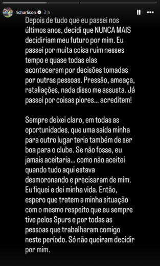 Richarlison arrasador fala em 'pressão, ameaças e retaliações'