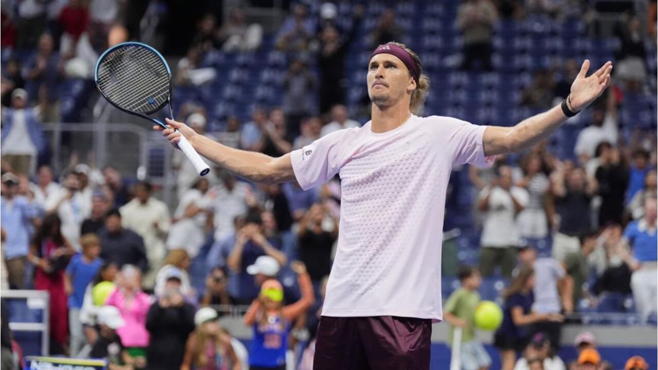 Alexander Zverev, of Germany, celebrates defeating Lorenzo Sonego, of Italy,