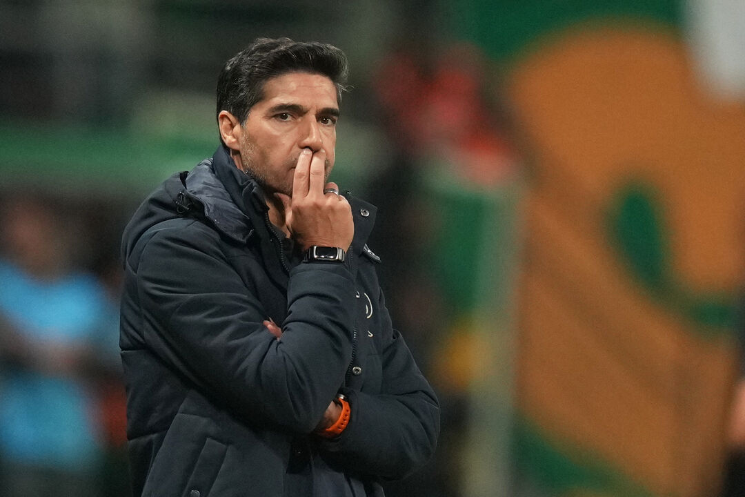 Coach Abel Ferreira of Brazil's Palmeiras gestures during a Copa Libertadores quarter final first leg soccer match against Ecuador's Liga