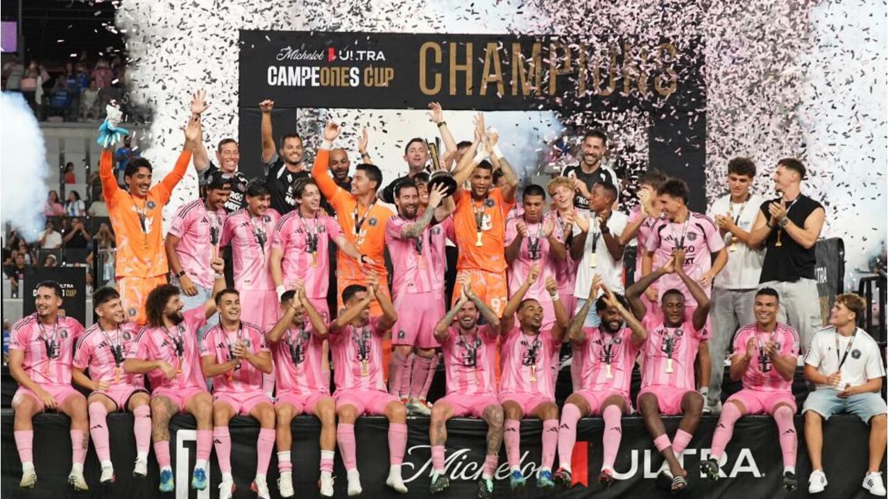 Inter Miami's Lionel Messi, center, celebrates with his teammates after