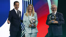Pedro Proença, presidente da FPF, Margarida Balseiro Lopes, ministra da Cultura, Juventude e Desporto, e Isaltino Morais, presidente da CM Oeiras na abertura do Portugal Football Summit