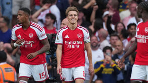Arsenal's Martin Odegaard, centre, reacts during the English Premier League soccer match between Arsenal and Chelsea in London, Sunday, Sept.