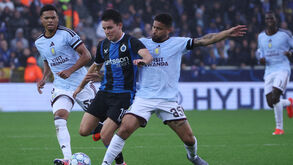 Brugge's Hugo Vetlesen battles for the ball with Aston Villa's Joao Gomes, right and his teammate George Hemmings during the