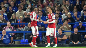 Arsenal's Max Dowman, right, celebrates scoring their side's first goal during the League Cup third round soccer match between Ipswich