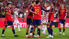 Spain's Marc Pubill, center, celebrates after scoring his side's second