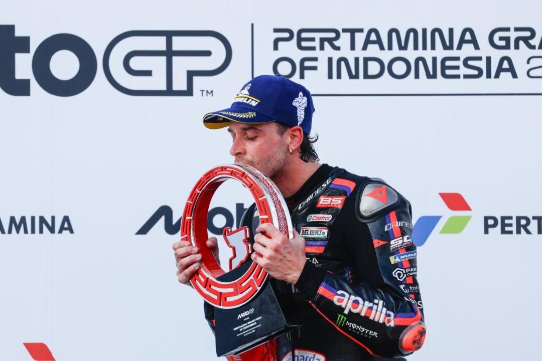 First Winner Aprilia Racing MotoGP rider Marco Bezzecchi of Italy
