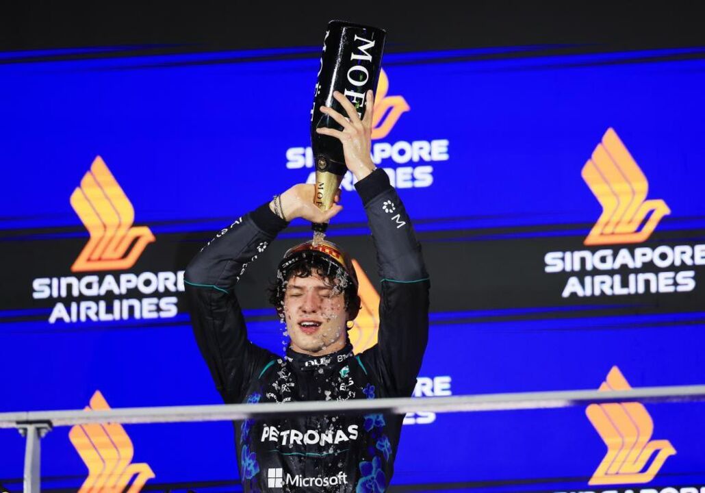 Third place Mercedes driver Andrea Kimi Antonelli of Italy celebrates