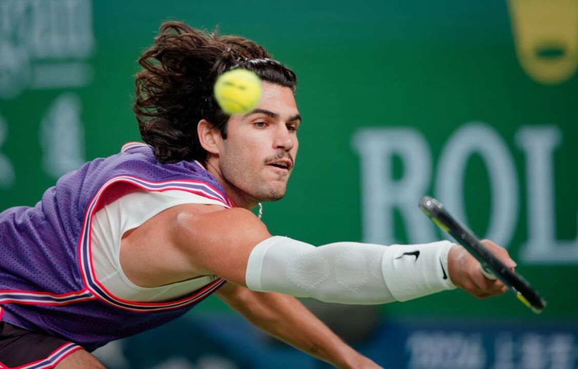 Carlos Alcaraz of Spain in action during his Men's Singles
